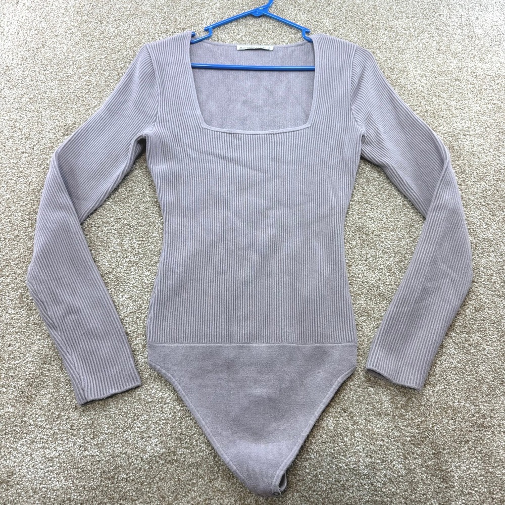 Abercrombie & Fitch Womens Ribbed Square Long Sleeve Bodysuit Mauve Small Y2K